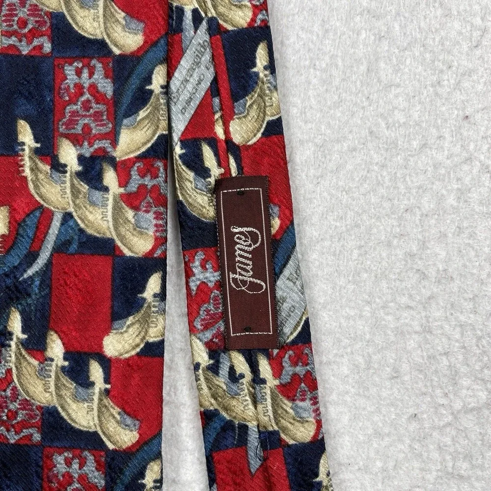 Ermenegildo Zegna Tie Mens OS Red Navy Gold Silk Geometric Crest Luxury Neckwear